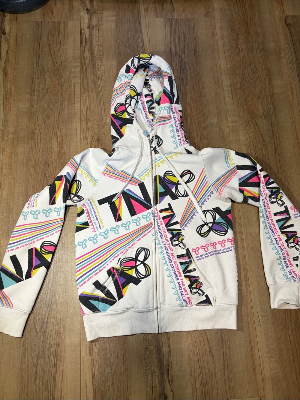 Aritzia TNA White  Zip-Up Hoodie with Multicolor Logo Stripes
